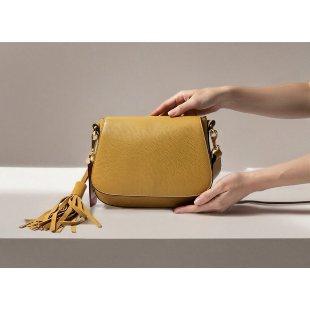 Vince Camuto Tal Flap Saddle Bag Caramel Tan Pebbled Leather Crossbody Handbag